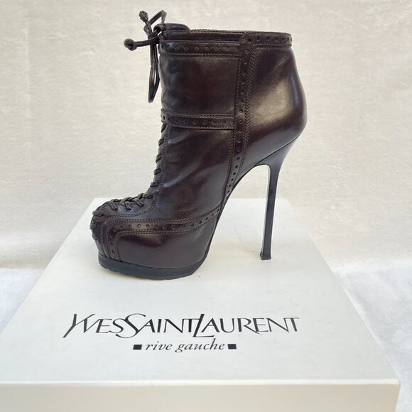 Auc YSL Tribtoo Brown Leather Platform Ankle Booties Boot 7,5 - Picture 7 of 14